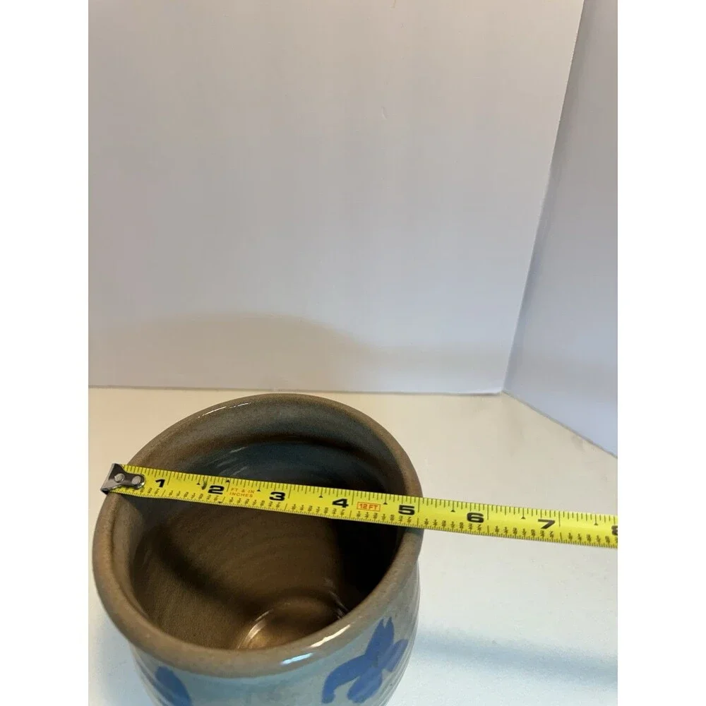 Studio art pottery pot. Vintage rustic brown with blue flowers